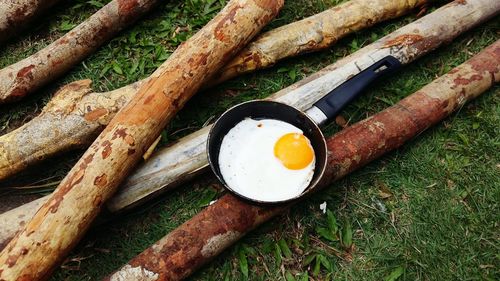 High angle view of fried egg in pan on logs