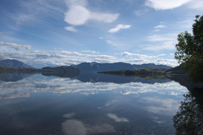 Scenic view of lake and mountains against sky