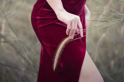 Midsection of woman holding red while standing on field