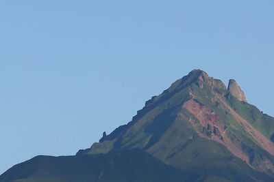 Low angle view of mountain against clear blue sky