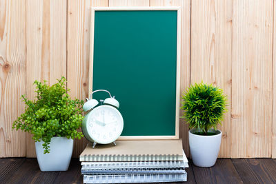 Potted plants on table against wall