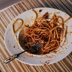 High angle view of noodles in plate on table