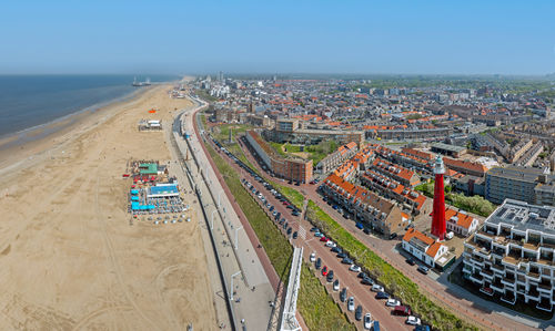 High angle view of cityscape against clear sky