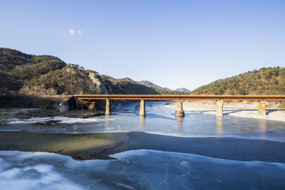 Scenic view of lake against clear blue sky