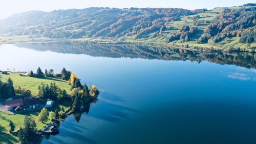 Scenic view of lake and mountains against sky
