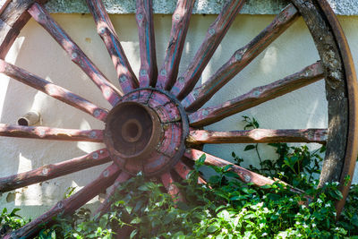 Close-up of rusty wheel on field