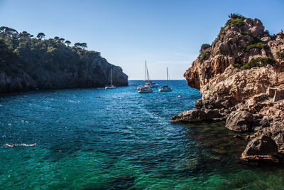 Scenic view of bay against clear sky