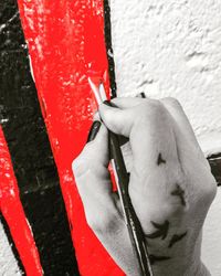 Close-up of hand holding red wall