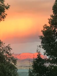 Scenic view of field against orange sky