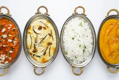 High angle view of food against white background