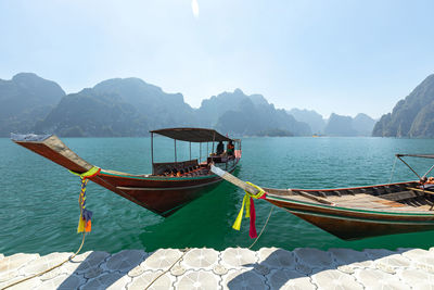 Tourist boat view with nature  mountain island scenic landscape khao sok national park in thailand