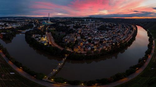 High angle view of river amidst buildings in city