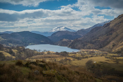 Scenic view of landscape and mountains against sky