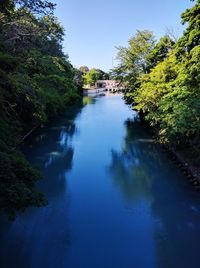 Scenic view of calm river against clear sky