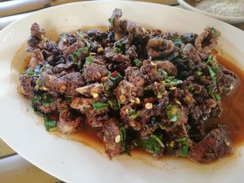 High angle view of meal served in plate