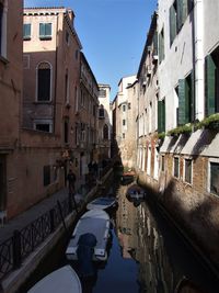 Canal amidst buildings against clear sky in city