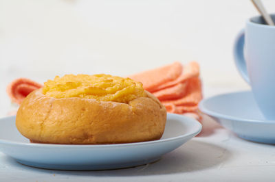 Close-up of breakfast served on table