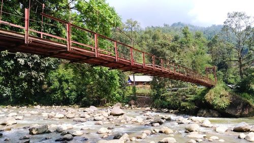 Bridge over river in forest against sky
