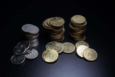 High angle view of coins