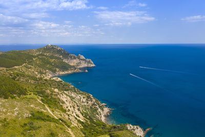 Aerial view of the marine coast of monte argentario in the tuscan maremma