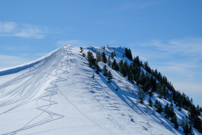 Snow covered land against sky