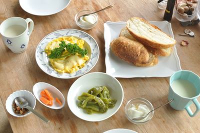 High angle view of breakfast served on table