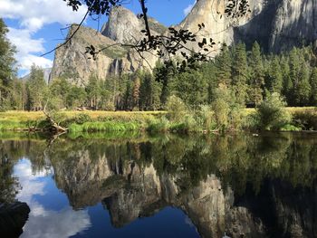 Reflection of trees in lake against sky