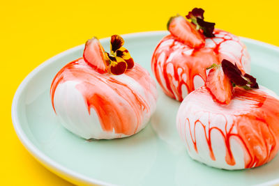 High angle view of dessert in plate on table