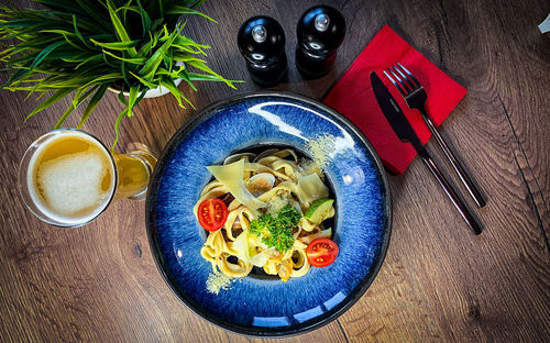 High angle view of meal served on table