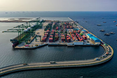 High angle view of city, new priok container terminal  