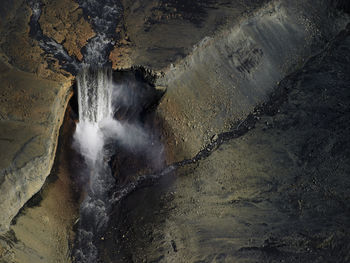 Aerial shot of unnamed waterfall in the highlands of iceland