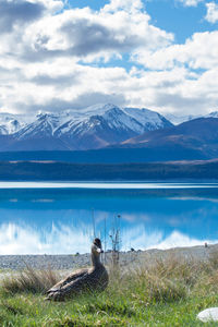 Scenic view of lake by mountains against sky