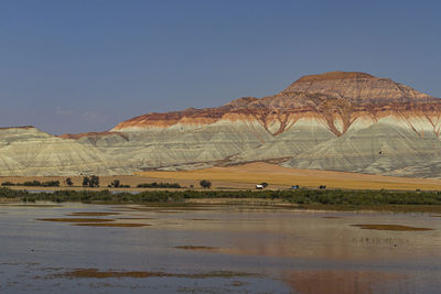 Scenic view of desert against clear blue sky