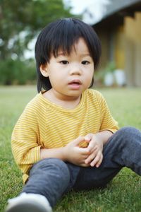 Portrait of boy sitting on field