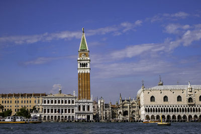 Piazza san marco with campanile and doge palace - water view from a vaporetto in the lagoon 