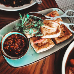 High angle view of breakfast served on table