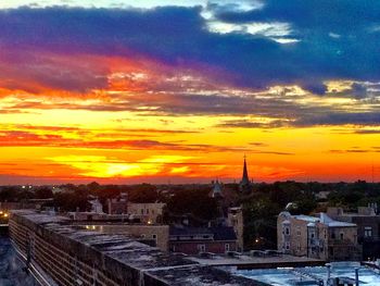 High angle view of cityscape at sunset