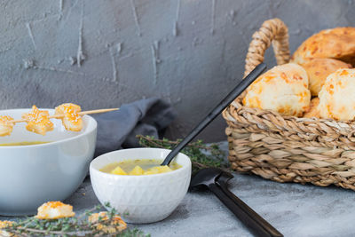 High angle view of food on table against wall