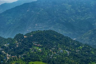 High angle view of trees and mountains