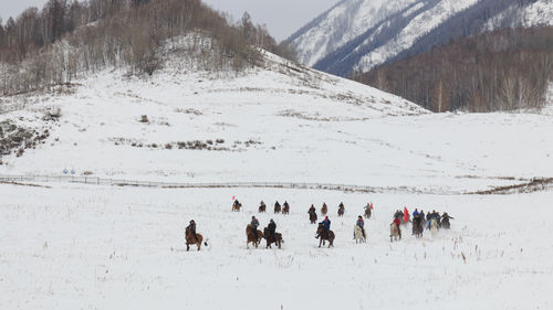 People riding horses on snowcapped landscape