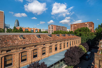 High angle view of buildings against sky