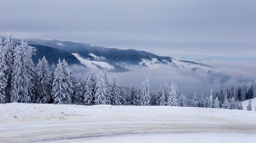 Scenic view of snow covered landscape against sky