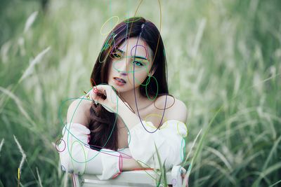 Portrait of young woman on field