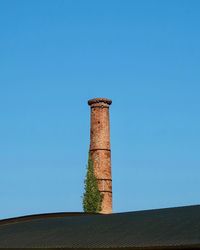 Low angle view of smoke stacks against clear blue sky