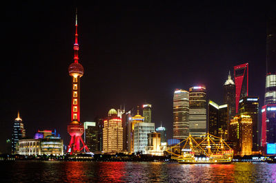 Illuminated buildings in city at night