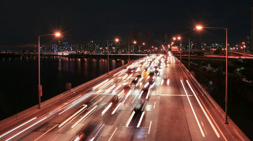 Light trails on road at night