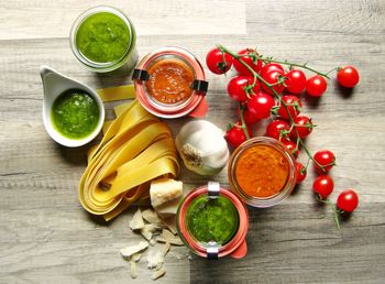 High angle view of various food on table