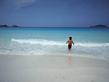 Rear view of man on beach against sky