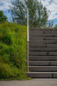 Staircase by trees against sky