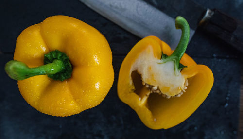 High angle view of yellow bell peppers on table